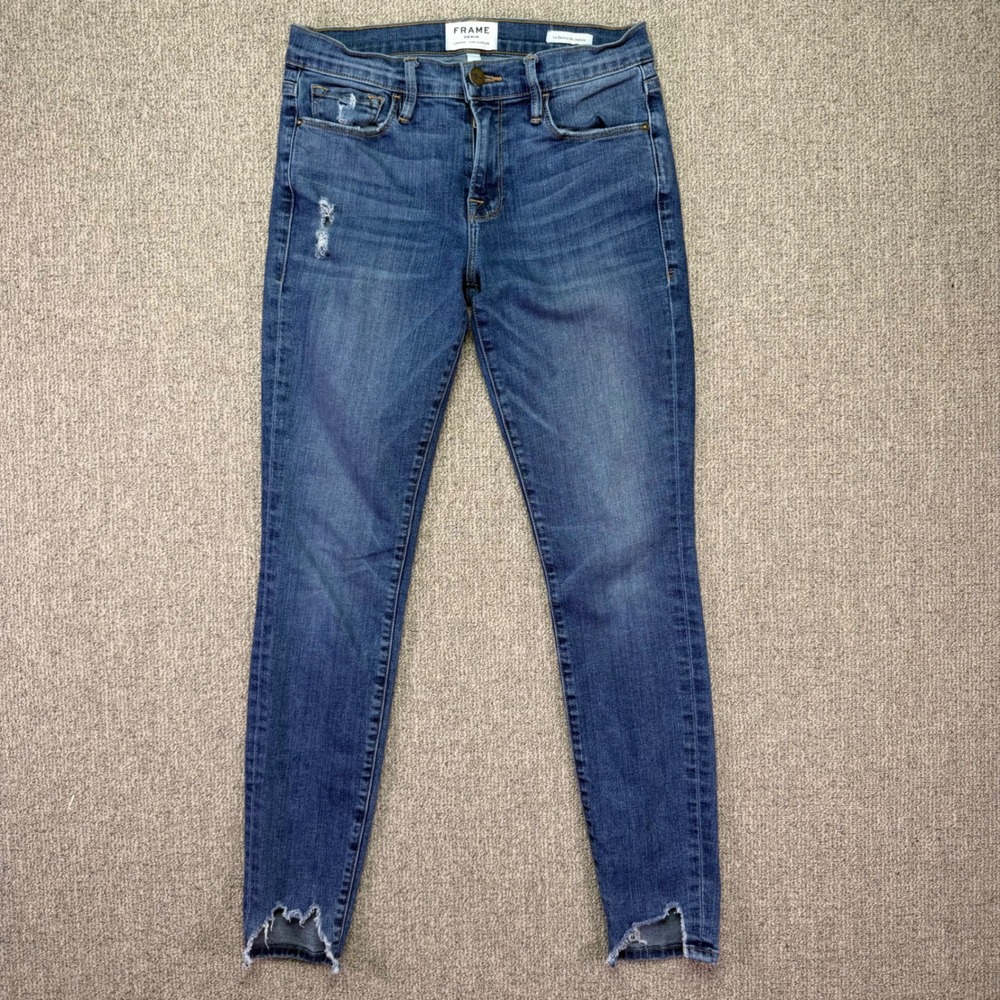 Frame Le Skinny de Jeanne Distressed Slit Raw Hem Jeans Womens Size 26 Blue